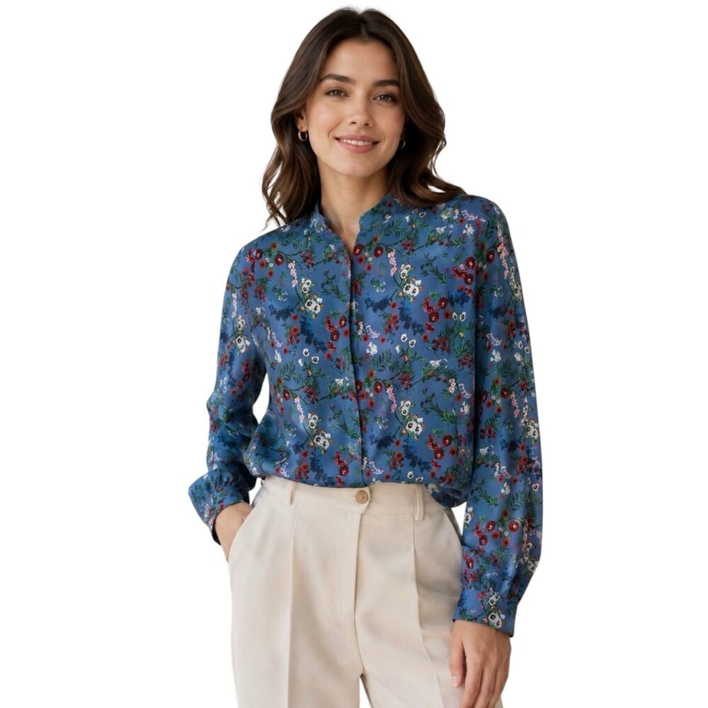 Alice + Olivia Eloise Silk Blue Floral Blouse Blue  Long Sleeve Top XS $395 NWOT